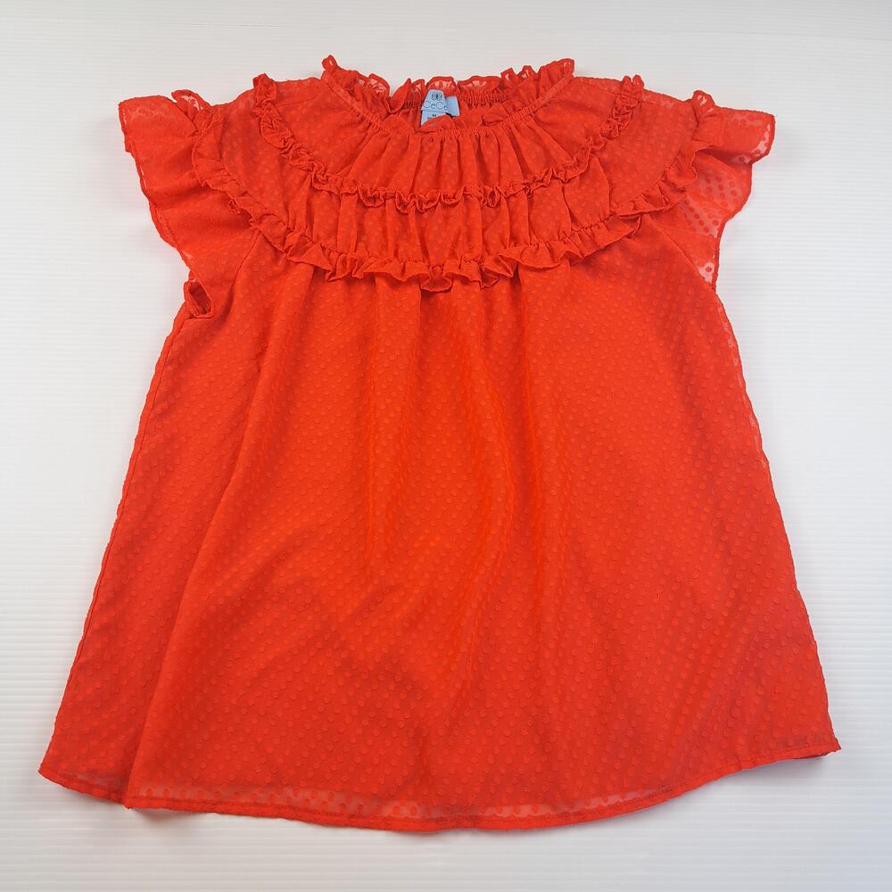 CeCe Blouse Womens Medium Red Ruffle High Neck Flutter Sleeve Chiffon Top